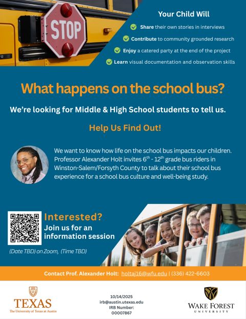 School Bus Research recruitment flyer for middle and high school students and their parents